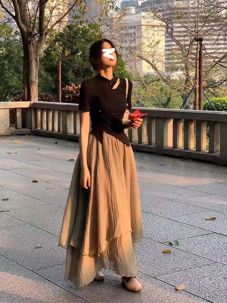 中国风设计感不规则镂空短袖上衣高腰半身裙女夏季两件套