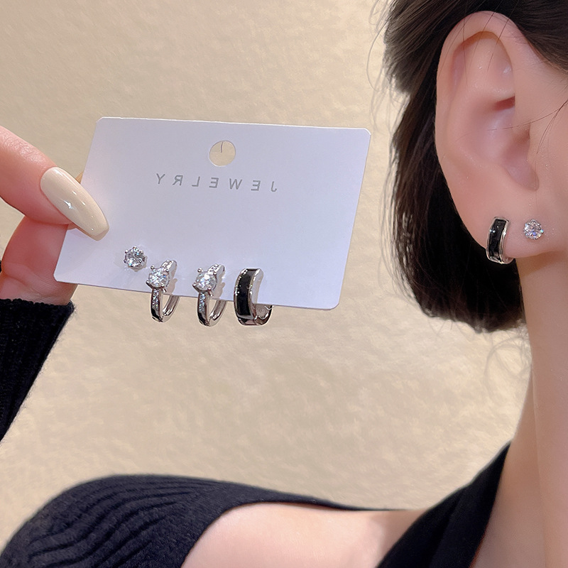 S925银针韩国新款套装简约锆石耳钉黑色滴釉耳圈耳扣精致耳环耳饰