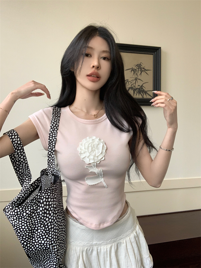 实拍 韩版纯色设计感立体花朵修身百搭T恤