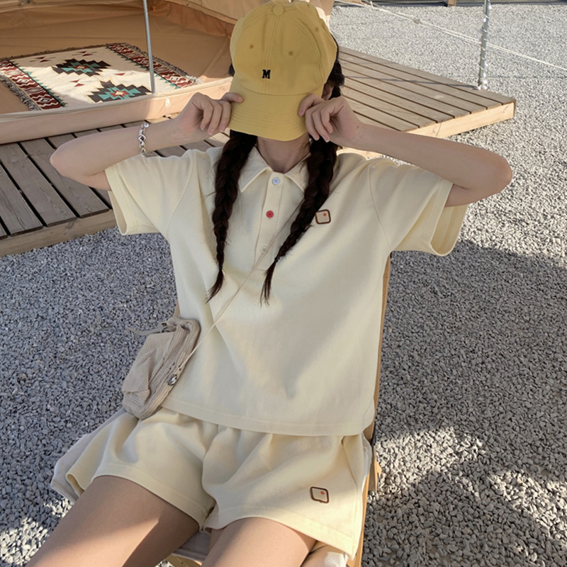 学生运动休闲套装女夏季韩版减龄宽松POLO领短袖T恤短裤两件套女