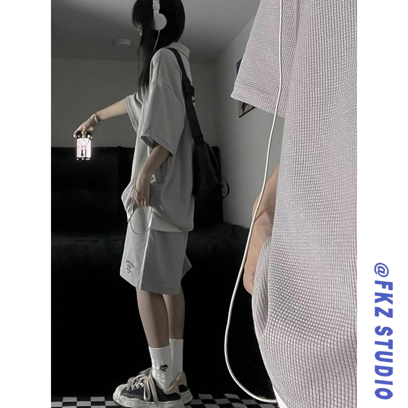 250g华夫格两件套女2024夏季新款重工刺绣学生韩版宽松套装