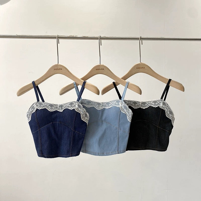 2024 Spring and Summer New Korean Heavy Industry Lace Denim Blue Sleeveless Suspender Tube Top Bottoming Shirt