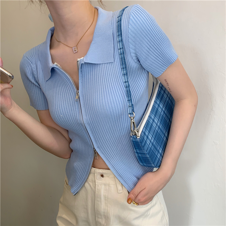 双头拉链薄款短袖紧身针织衫女夏季韩版显瘦短款开衫蓝色bm上衣潮