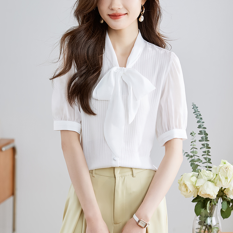2026夏季新品短袖襯衫女白色淑女修身中袖飄帶蝴蝶結領OL洋氣襯衣