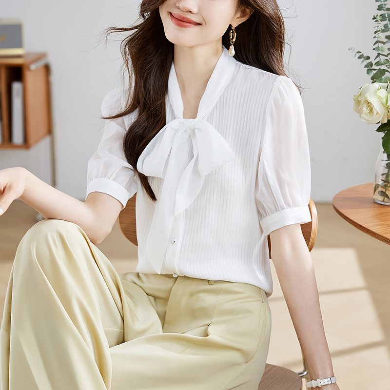2026夏季新品短袖襯衫女白色淑女修身中袖飄帶蝴蝶結領OL洋氣襯衣