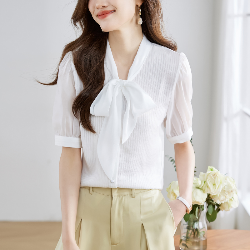 2026夏季新品短袖襯衫女白色淑女修身中袖飄帶蝴蝶結領OL洋氣襯衣