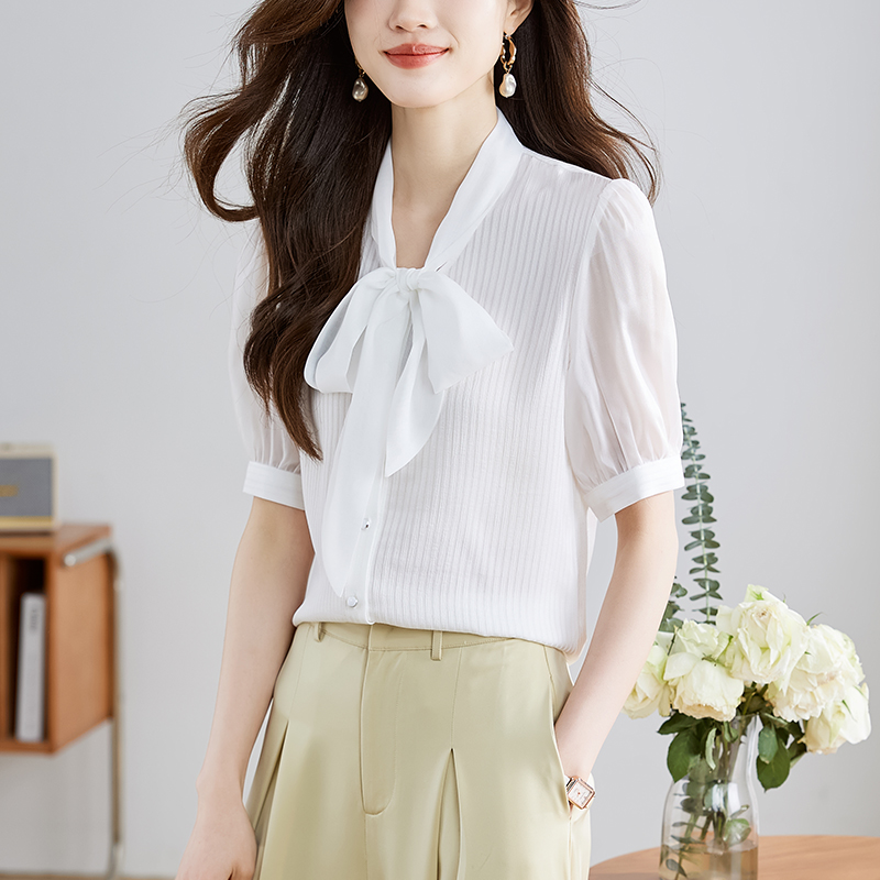 2026夏季新品短袖襯衫女白色淑女修身中袖飄帶蝴蝶結領OL洋氣襯衣