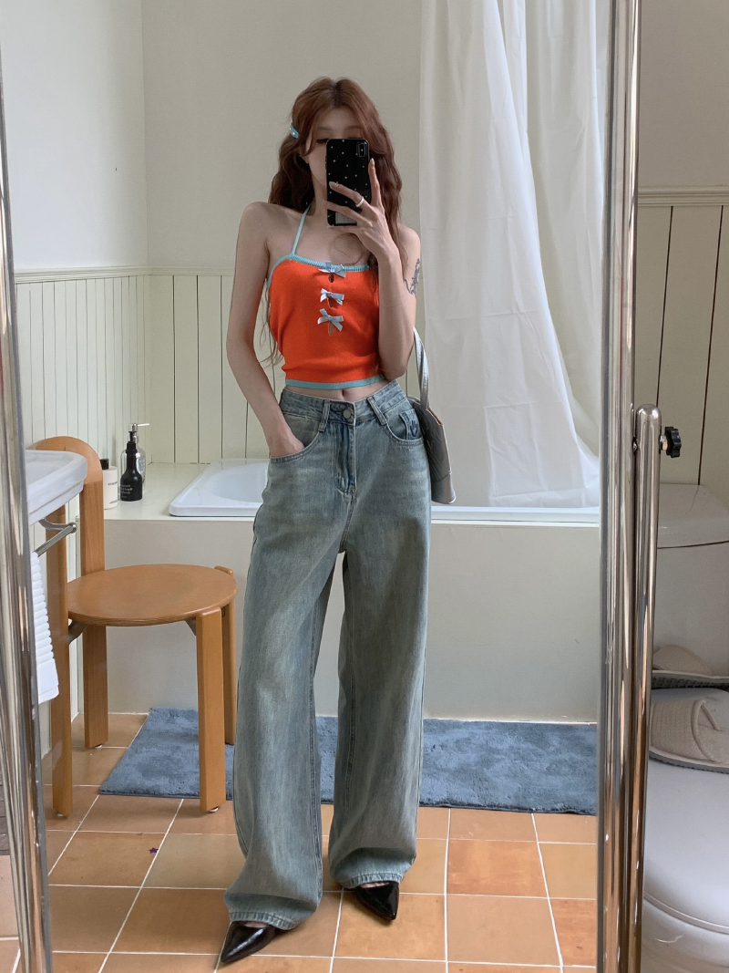 Actual shot of early spring loose wide-leg washed pocket smiley face embroidered straight floor-length denim trousers