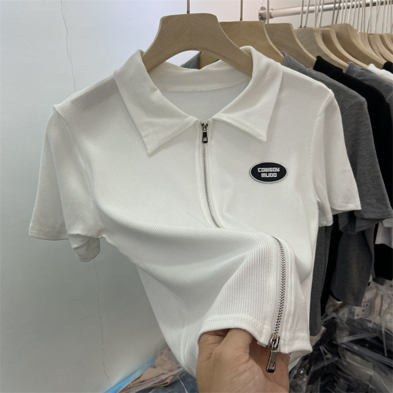 Polo领t恤短袖2024春夏季韩版修身短款双拉链螺纹设计感小众上衣