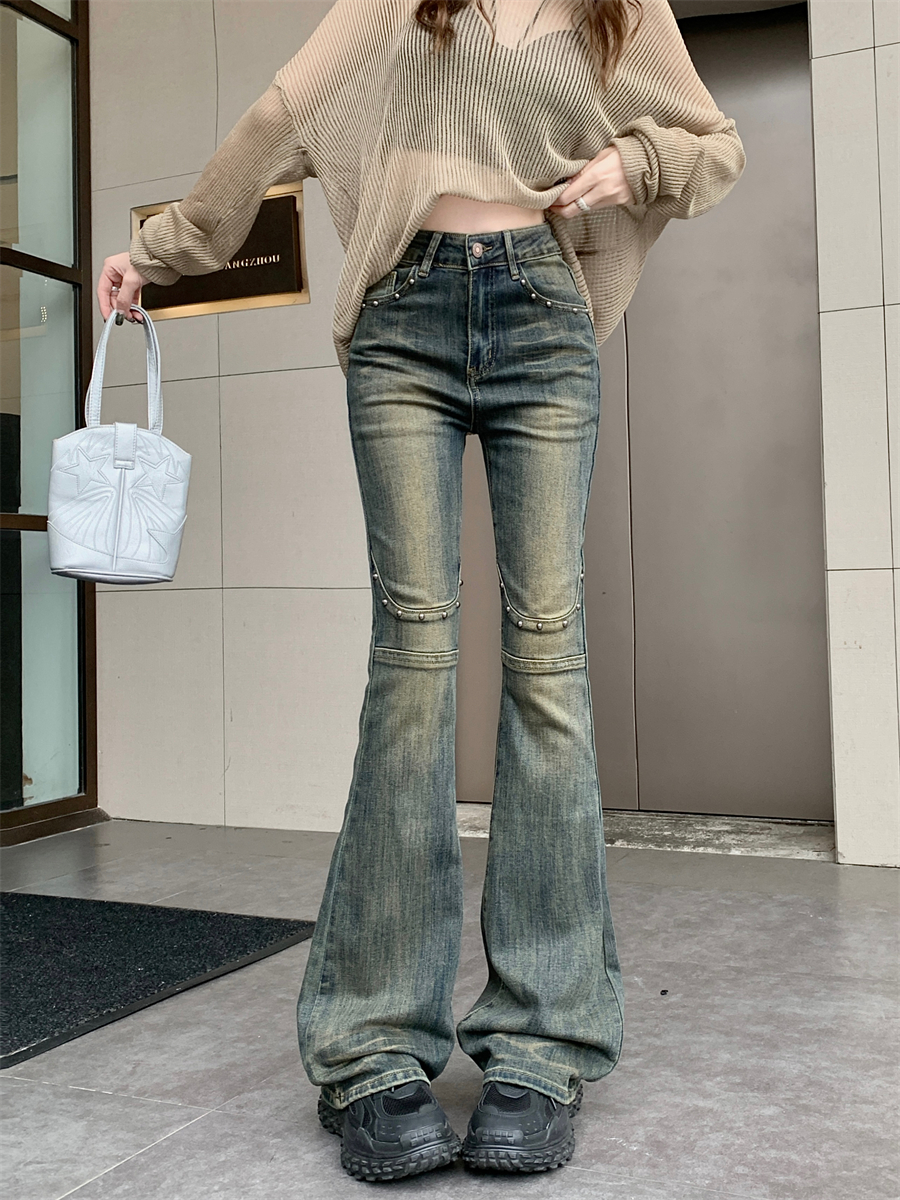 Actual shot ~ American high street jeans for women, designer rivets, high waist, stretchy, slim fit, flared floor-length trousers
