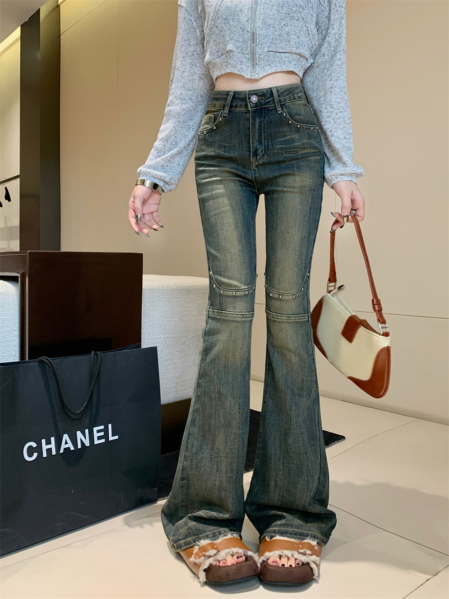 Actual shot ~ American high street jeans for women, designer rivets, high waist, stretchy, slim fit, flared floor-length trousers