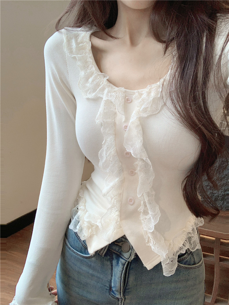 Real shot ~ French lace knitted cardigan 2024 spring new temperament slim pure lust top