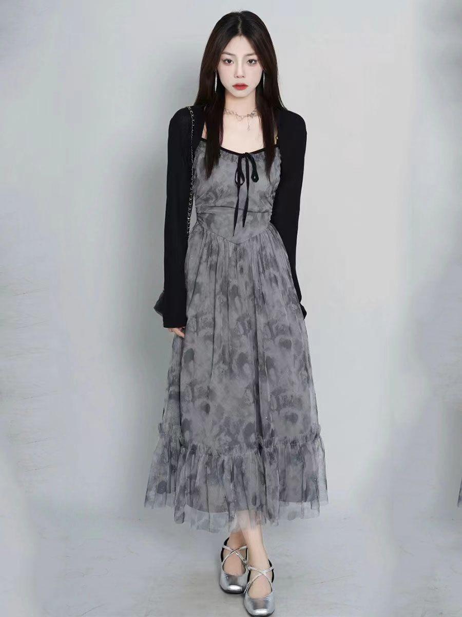 韩版黑灰色花边细闪网纱裙2024夏季超仙设计感吊带连衣裙女
