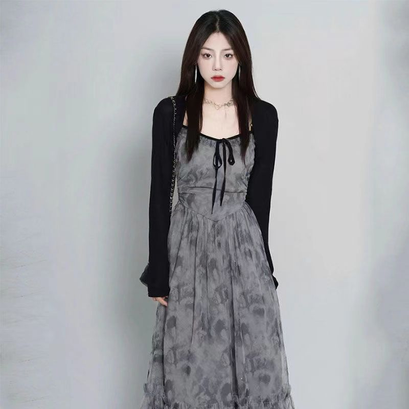 韩版黑灰色花边细闪网纱裙2024夏季超仙设计感吊带连衣裙女