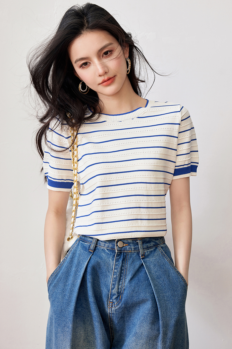 實拍◆◆針織短袖t恤女夏新款條紋設計感正肩獨特上衣休閑衫