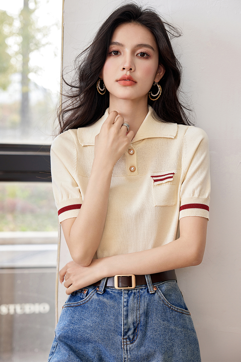 實拍◆◆輕法式冰絲針織POLO衫短袖T恤女夏季新款短款上衣