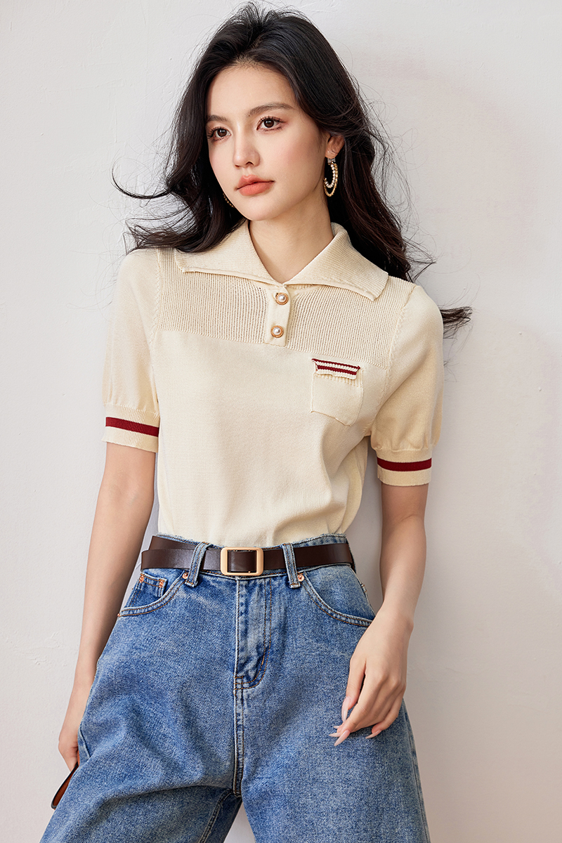 實拍◆◆輕法式冰絲針織POLO衫短袖T恤女夏季新款短款上衣
