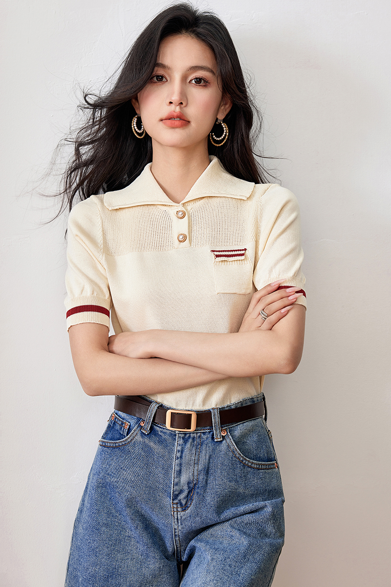 實拍◆◆輕法式冰絲針織POLO衫短袖T恤女夏季新款短款上衣