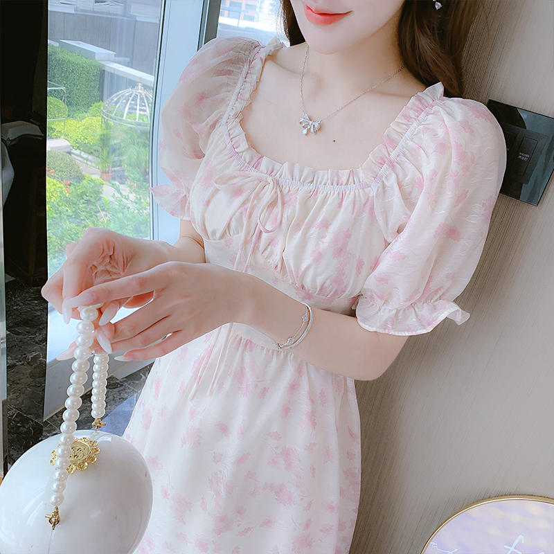 實拍法式雪紡連衣裙女夏季初戀仙女裙溫柔風小個子中長款碎花裙子