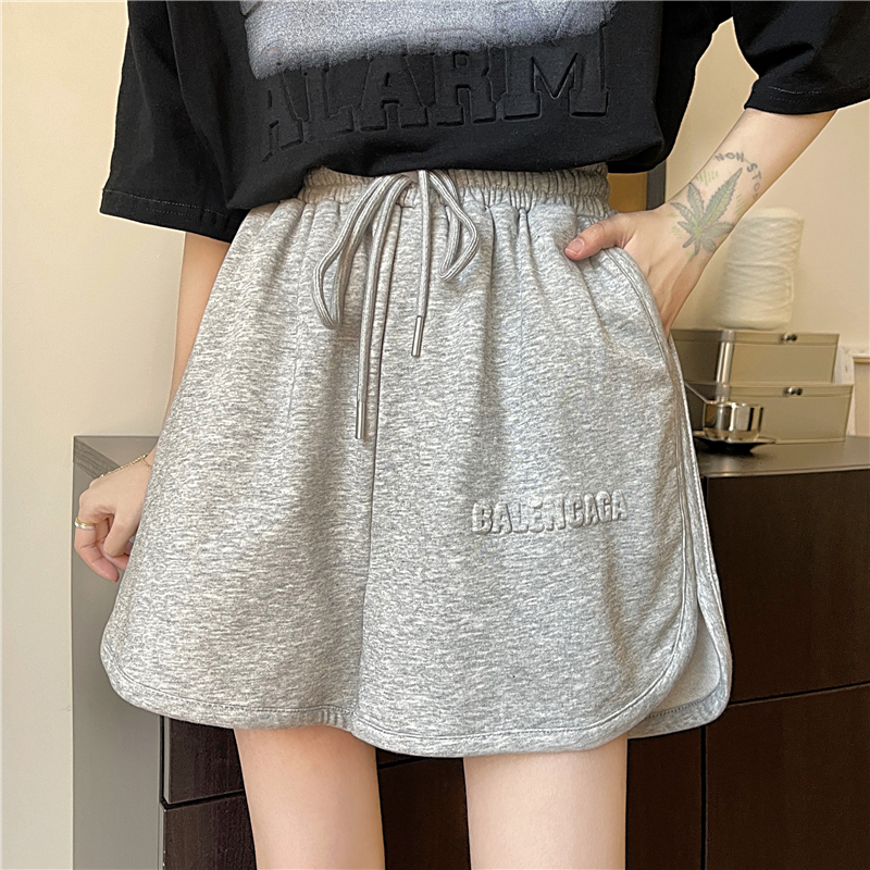 802#-Real shot 65/35 fish scale summer new style loose concave and convex letter wide leg shorts for women