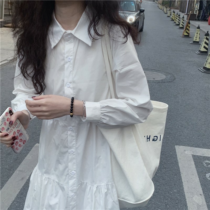 2024春秋新款小个子法式白色连衣裙子女设计感小众长袖A字衬衫裙