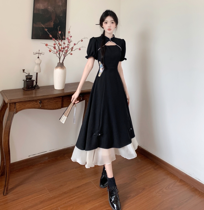 大码女装夏季新中式复古绣花拼接改良旗袍鱼尾裙高级感黑色连衣裙