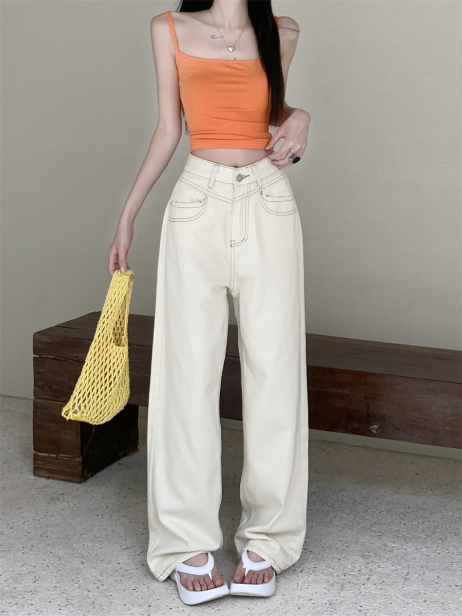 Actual shot~Spring and summer new high-waist slimming retro washed blue floor-length straight jeans