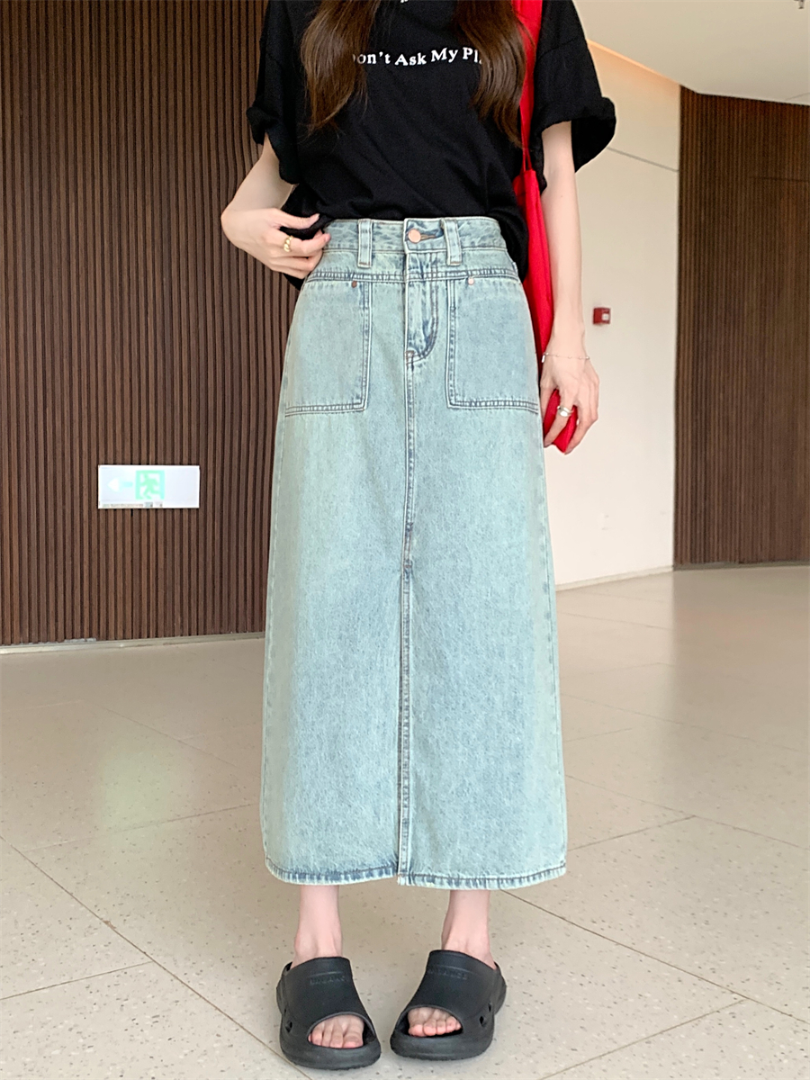 Actual shot ~ New vintage pocket washed high waist slit denim skirt mid-length skirt