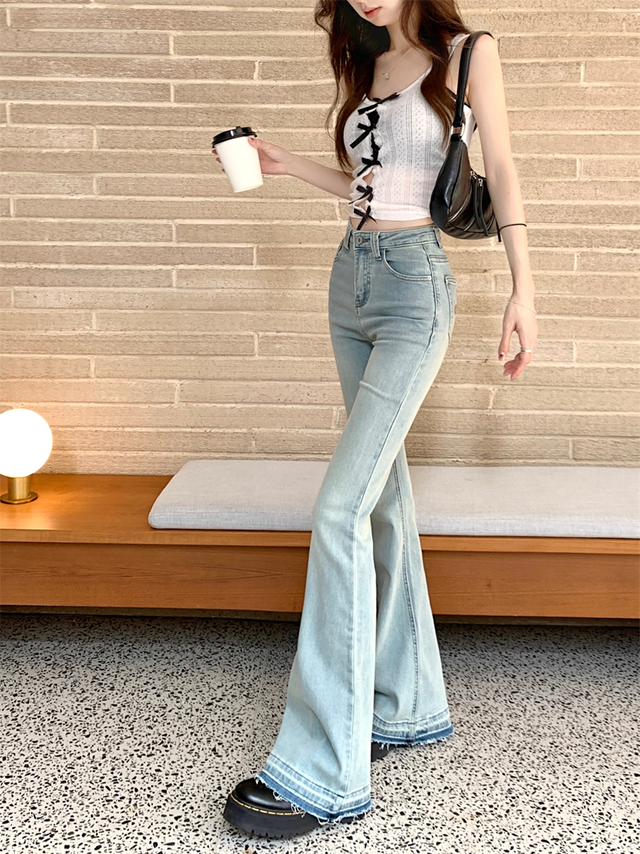 Actual shot~New high-waisted extra-large elastic slim-fitting glacier blue flared jeans