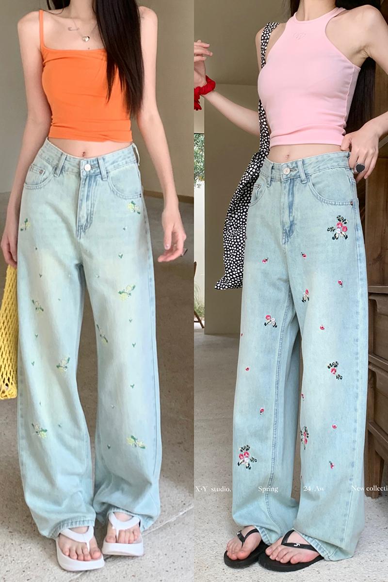 Real shot 2024 spring and summer new heavy industry embroidered flowers casual straight retro wide-leg denim trousers for women
