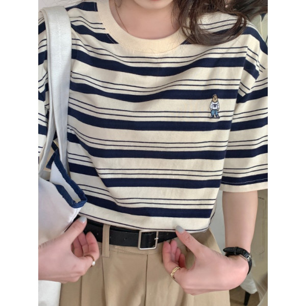 冰丝小熊刺绣条纹T恤女夏季韩版chic宽松半袖ins潮短袖上衣