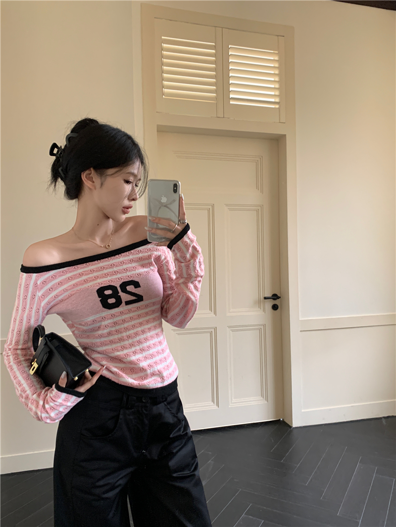 Actual shot of short hollow long-sleeved sweater for women in spring slimming striped top with slim design
