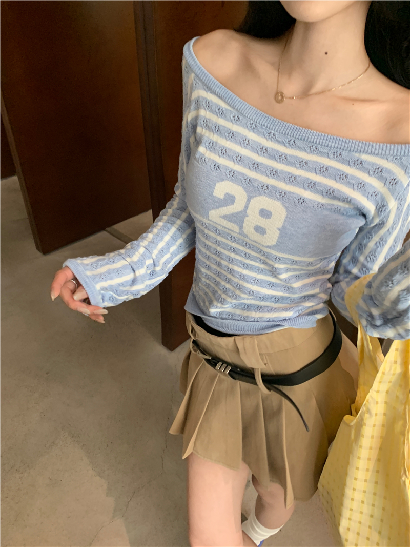 Actual shot of short hollow long-sleeved sweater for women in spring slimming striped top with slim design