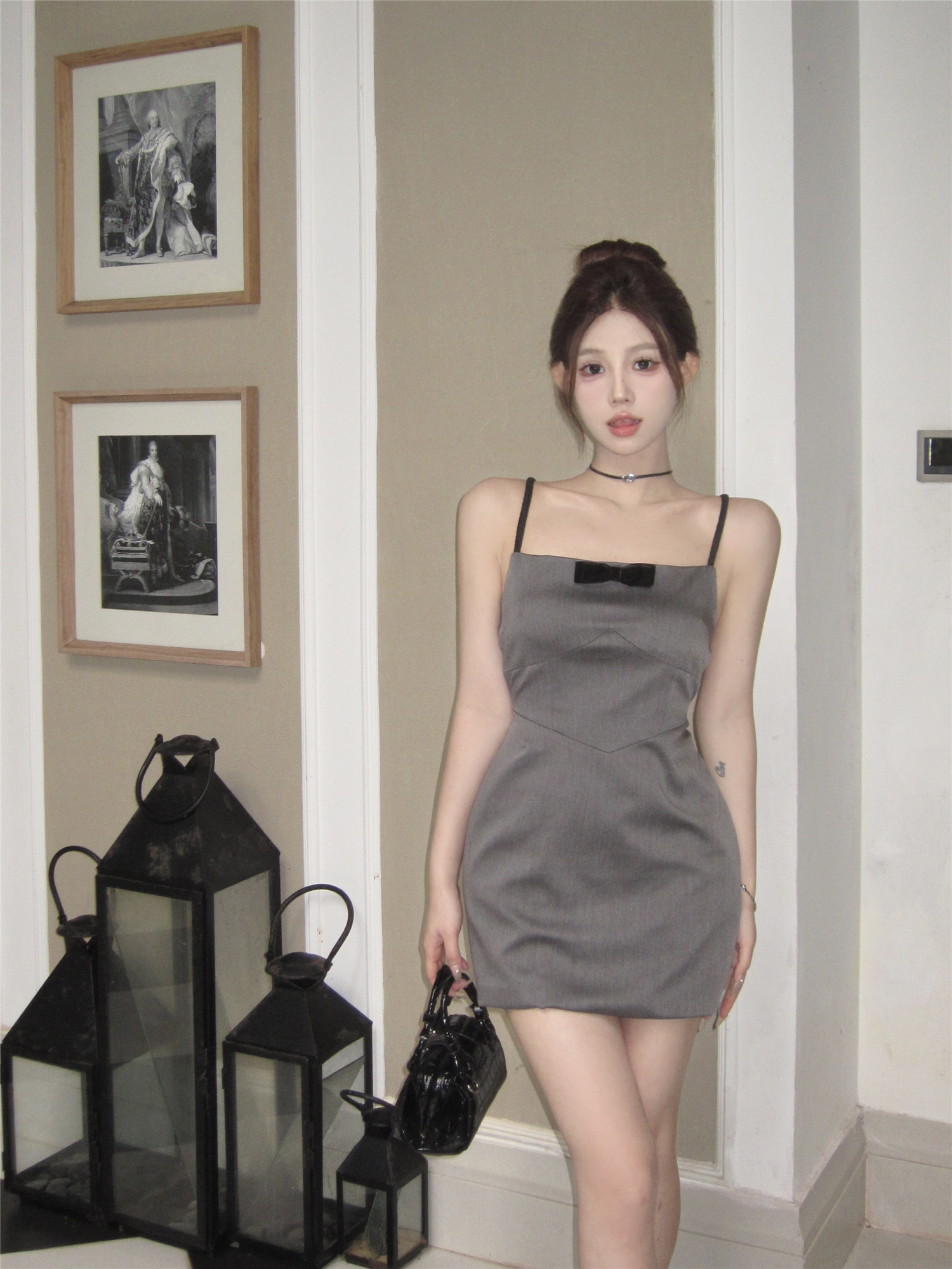 Actual shot~Korean comic senior college style shirt and suspender skirt suit
