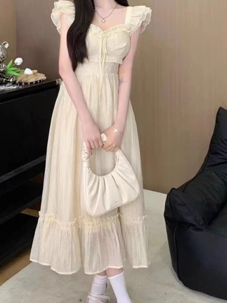 White small flying sleeve dress for women summer 2024 new style waist slimming French style first love fairy long skirt