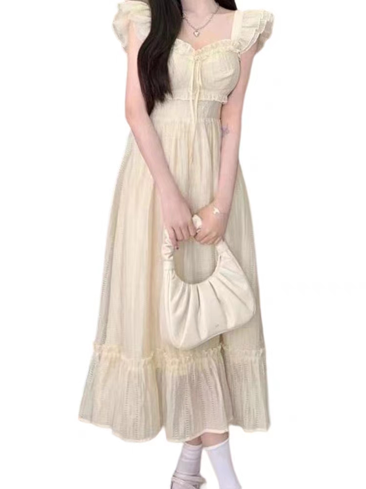 White small flying sleeve dress for women summer 2024 new style waist slimming French style first love fairy long skirt