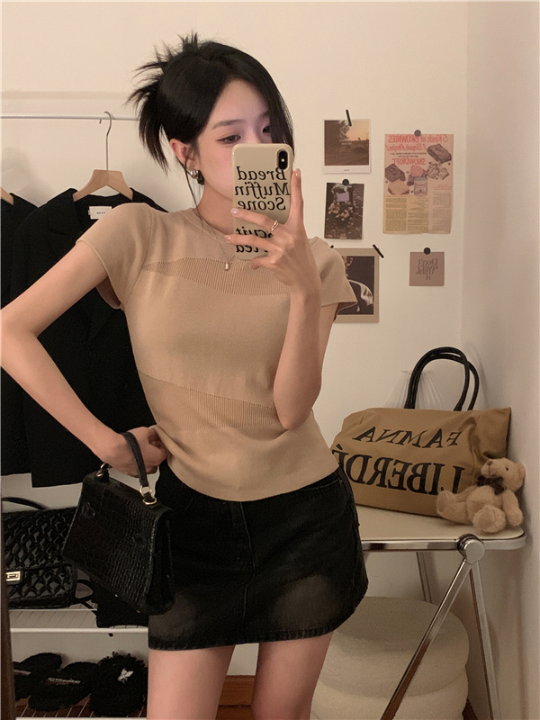 Real shot Hollow knitted short-sleeved T-shirt for women summer new style short slim right shoulder thin top