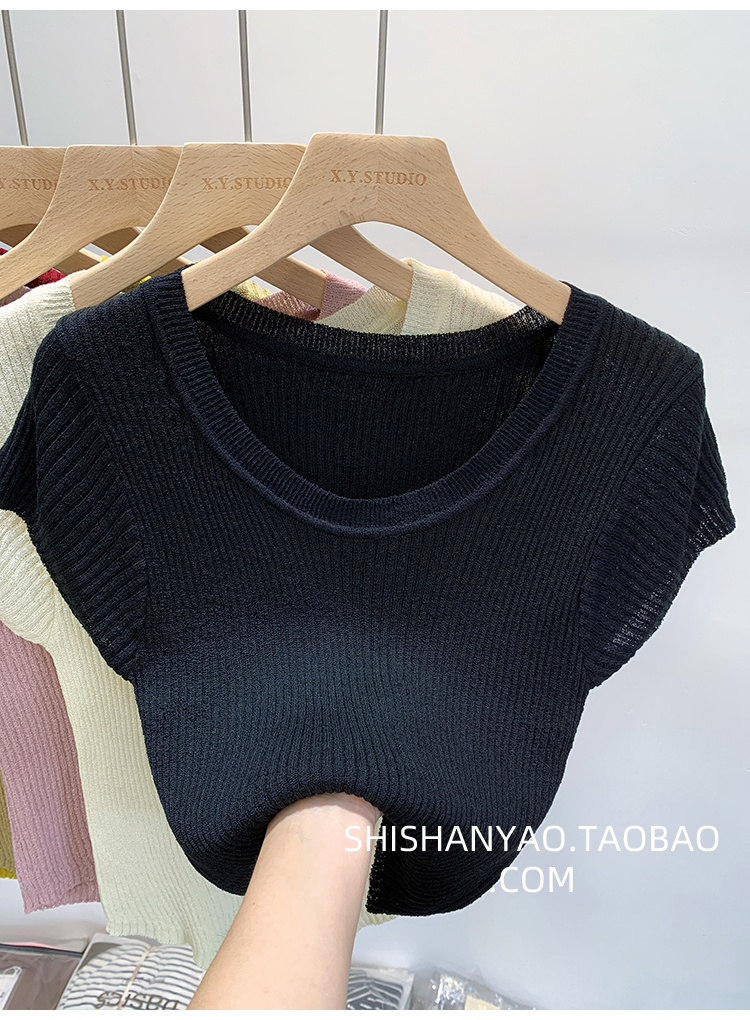 韩版设计感薄款修身t恤春季女冰丝针织衫圆领小上衣显瘦ins潮短袖