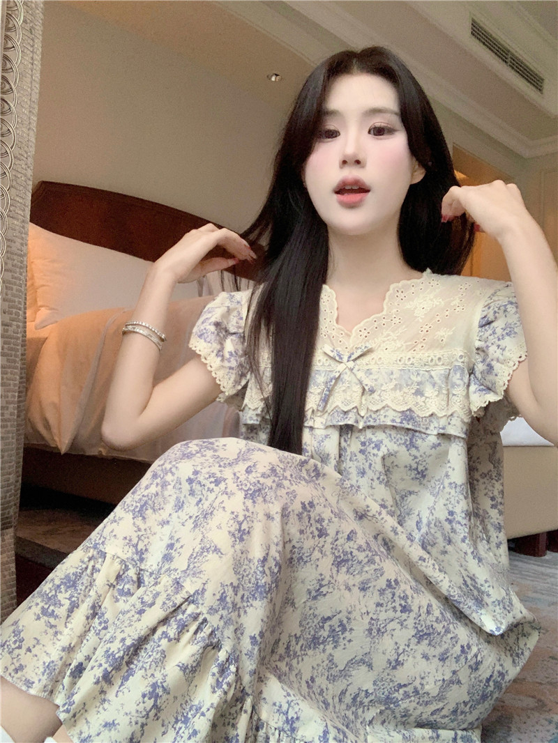 实拍韩版甜美国风水墨画重工蕾丝全棉夏季短袖家居服套装睡裙