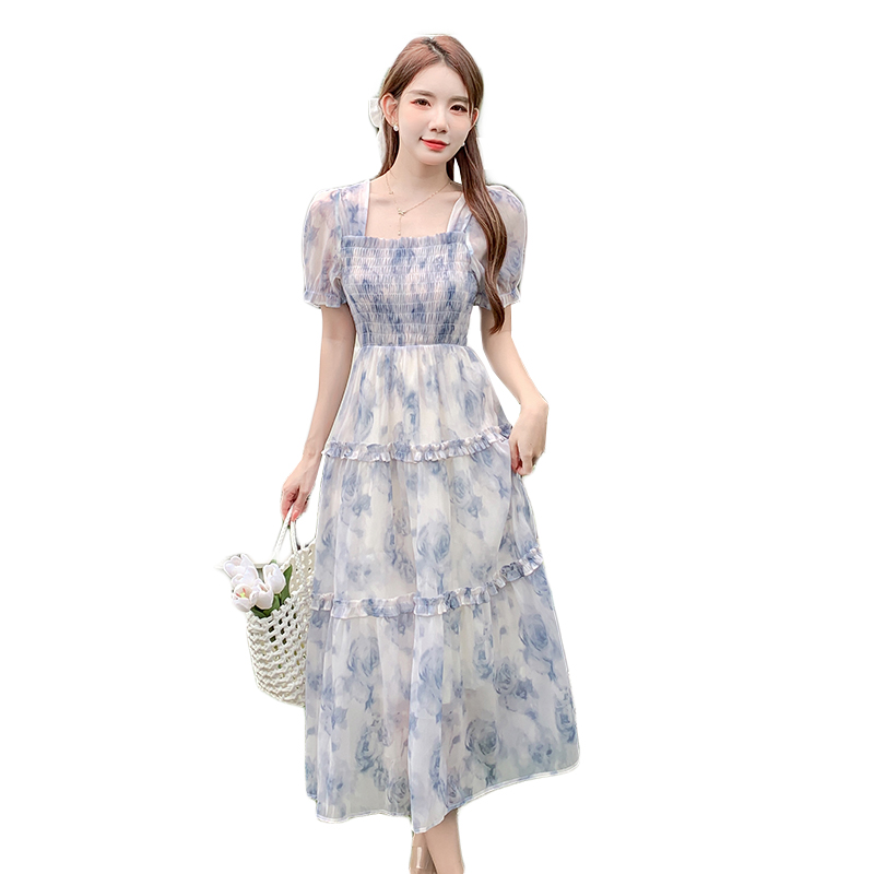 實拍2025夏季新微胖顯瘦溫柔風法式碎花長裙超仙女甜美公主連衣裙
