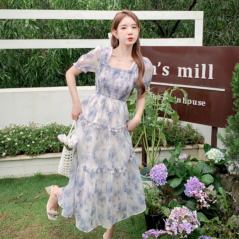 實拍女裝夏季新微胖顯瘦溫柔風法式碎花長裙超仙女甜美公主連衣裙