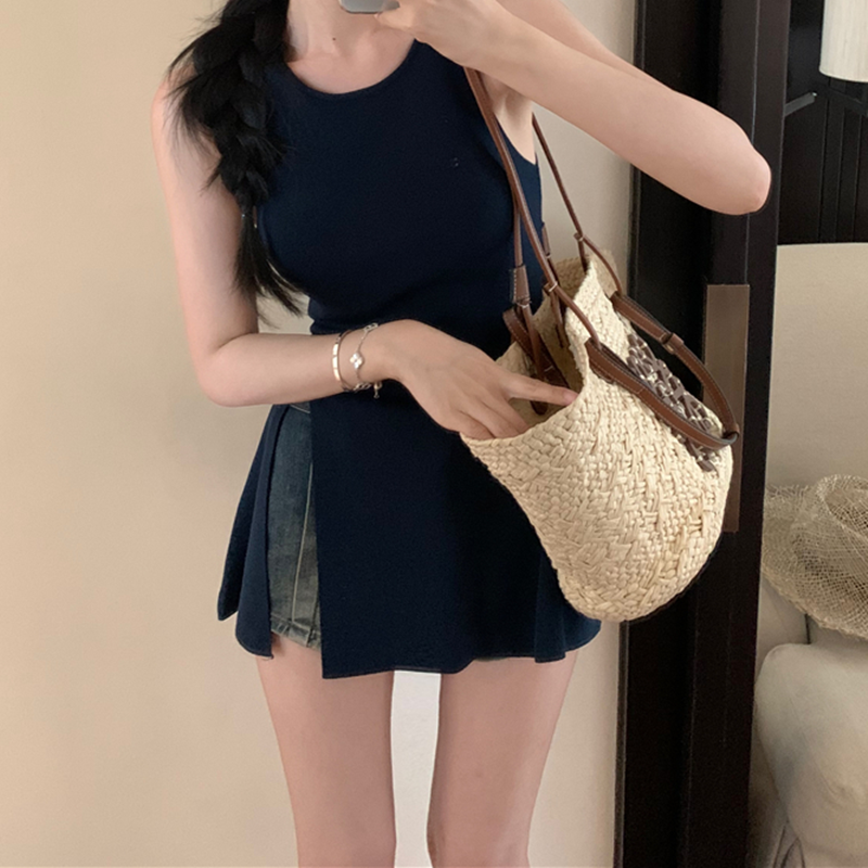 Pure lust style knitted unique and chic little camisole for women's summer outer wear slim fit slit sleeveless sweet and spicy top