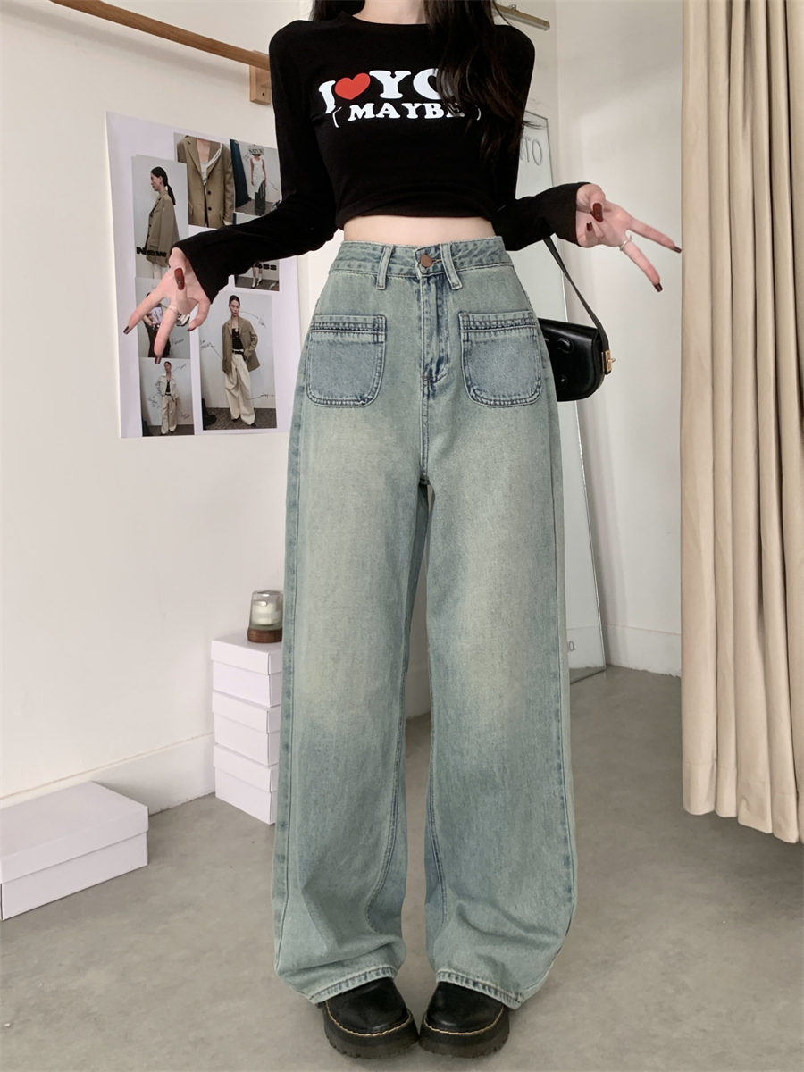 Actual shot ~ Retro washed jeans for women, high-waisted, slim, straight, loose, floor-length wide-leg pants