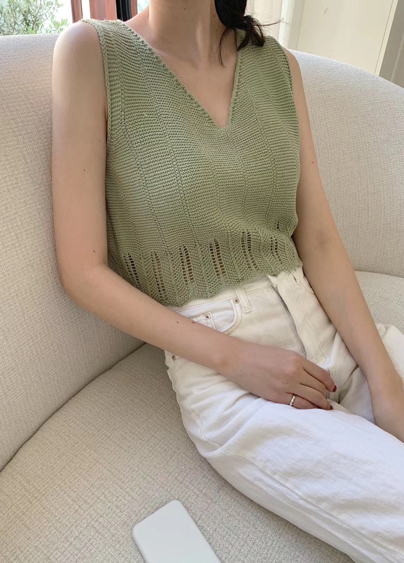 韩版夏季新款宽松显瘦chic无袖V领短款针织背心女薄款上衣潮
