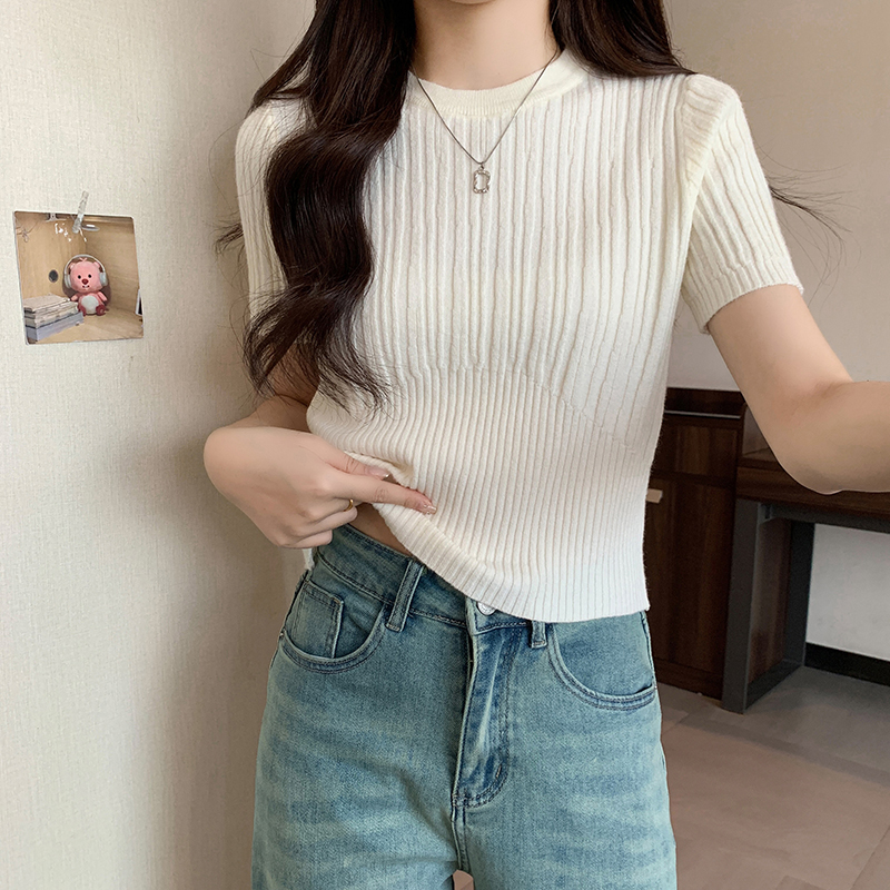 White right shoulder short-sleeved sweater T-shirt for women spring and summer new round neck waist slim fit hot girl short inner top
