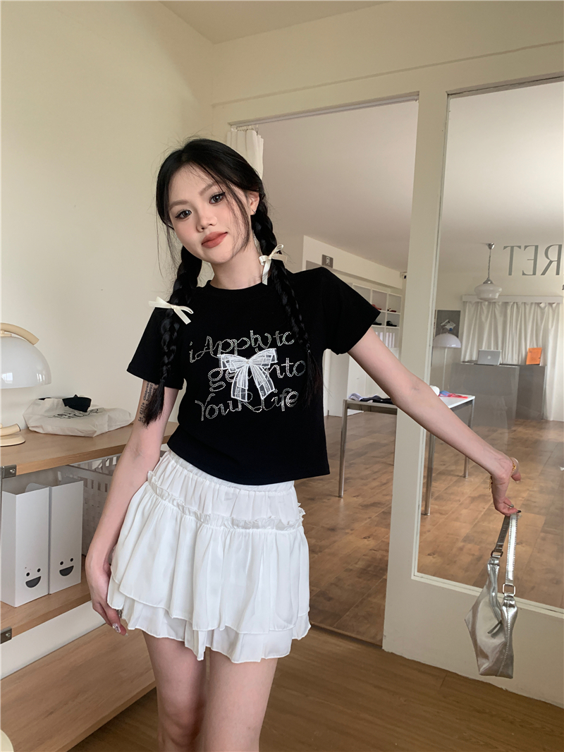 Actual shot of girl's hot diamond letters lace bow short-sleeved T-shirt