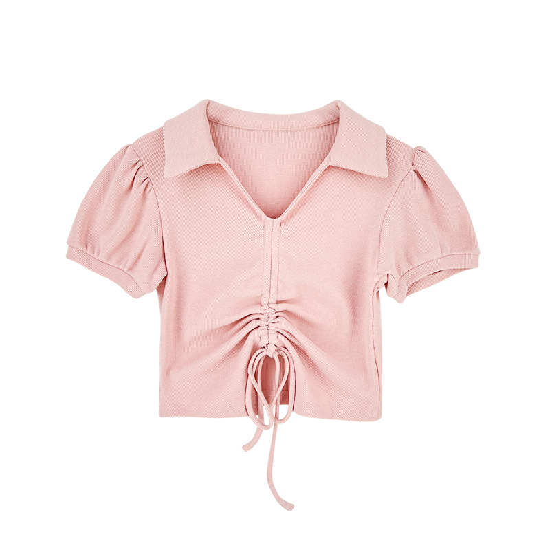 kumayes枫糖奶油/抽绳设计V领高腰露脐T恤女复古泡泡袖Polo领短袖