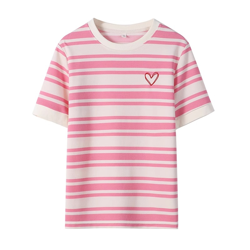 爱心刺绣条纹短袖T恤衫夏季新款遮肉显瘦女装粉色减龄潮流上衣服
