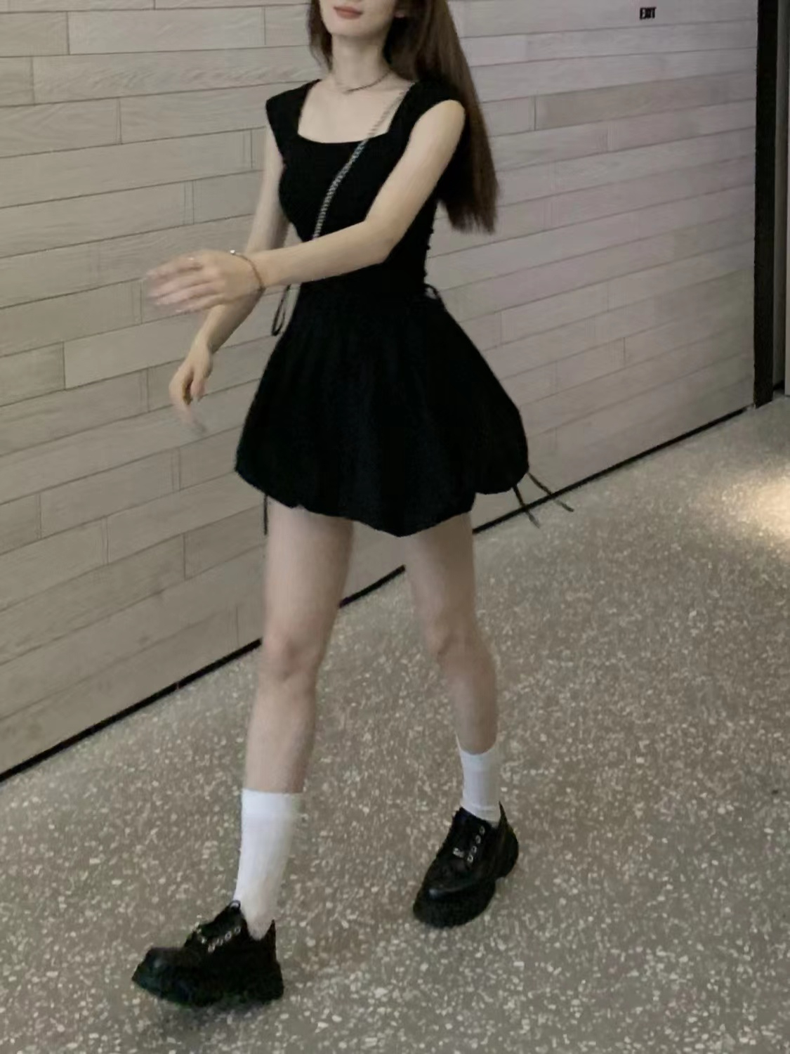 韩国 夏季新款方领绑带花苞芭蕾裙女收腰抽绳短款百搭连衣裙