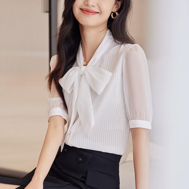 2024夏季新品短袖襯衫女白色淑女修身中袖飄帶蝴蝶結領OL洋氣襯衣